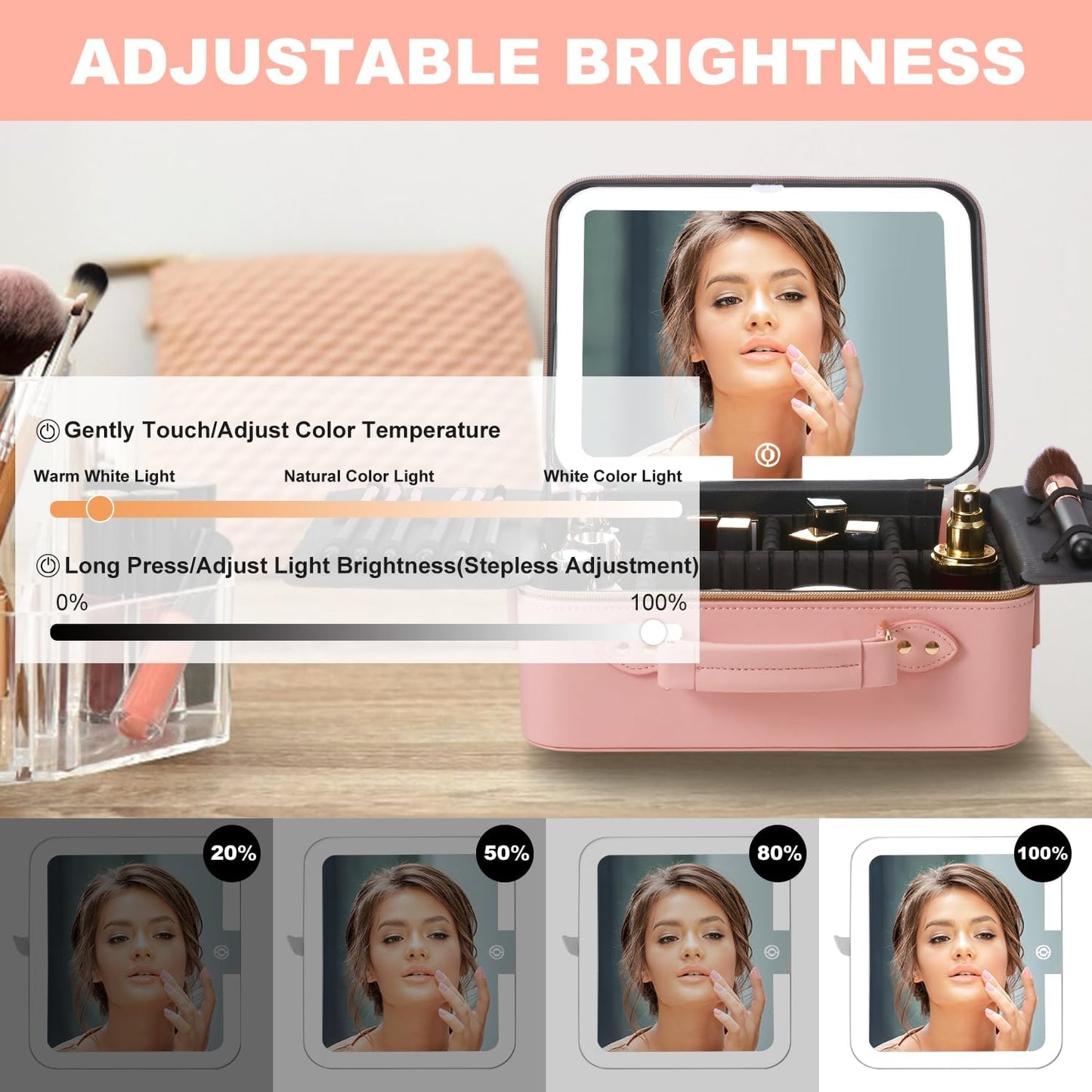 Mocado Travel Makeup Bag with LED Lighted Mirror,Makeup Case with 3 Color Lighted Setting and 10x Magnifying Mirror, Portable Storage and Adjustable Dividers (Pink with Hard Leather)