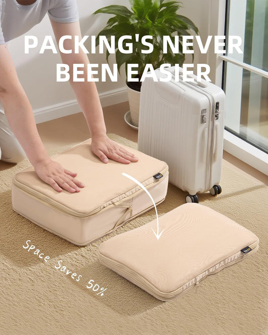 6 Set Compression Packing Cubes for Travel, Large Medium Small Luggage Organizers, Storage Bags for Clothes (6 Pack, Mist Khaki)