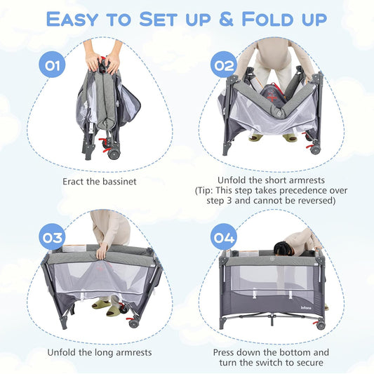 INFANS Pack and Play, 5 in 1 Baby Bedside Sleeper with Bassinet, Diaper Changer, Mattress, Carry Bag, Music Box Hanging Toys, Foldable Bedside Crib, Portable Playard for Newborn Toddlers (Classic)