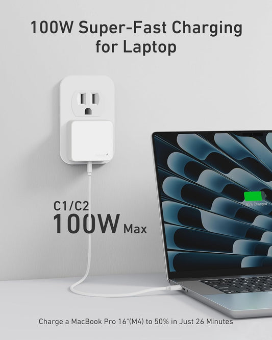 Nekmit 100W Flat USB C Charger Block, 3-Port GaN Fast Wall Charger, USB C Wall Plug for MacBook Pro/Air, iPad, iPhone, Galaxy and More (White, 100W)