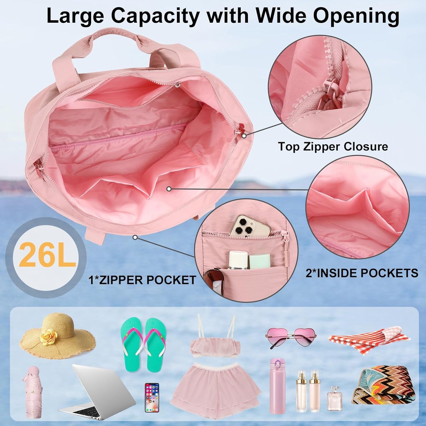 LEDAOU Beach Bags for Women, Beach Bags Waterproof Sandproof, Packable Beach Tote Bag with Zipper Travel Sports