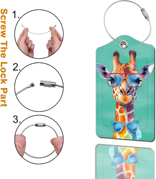 2 Pack Luggage Tag for Suitcase, Cute Unique Leather Bag Tags Identifiers Privacy Cover ID Label with Durable Steel Loop for Women Men Kids Girls Travel,GiraffeF