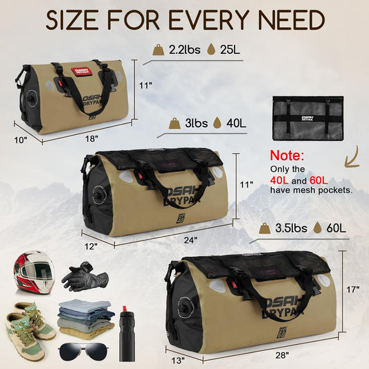 Waterproof Duffel Bag - Motorcycle Dry Bag Tail Bag with Large Storage Space, Waterproof Luggage Duffle Bags with Outer Mesh Zipper Pocket for Camping, Kayaking, Fishing & Traveling