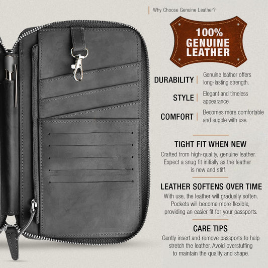 Leather Passport Holder for Family - RFID Blocking Travel Wallet for 6 Passports, Cards, Cash & More - Genuine Top Grain Leather Document Organizer with Wrist Strap, Key Ring & YKK Zipper - Midnight