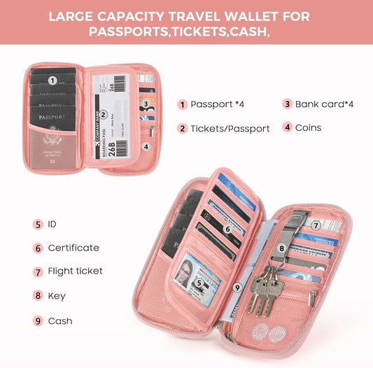 Travel Passport Wallets, Airtag Lightweight Family Passport Holder With RFID Blocking Passport Cover Case Waterproof Bag Document Organizer for Men and Women-pink