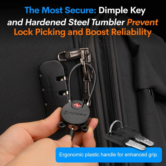 Forge TSA Approved Luggage Locks Ultra-Secure Dimple Key Travel Cable Locks with Zinc Alloy Body- 4 Locks, Black, Blue, red, Green.