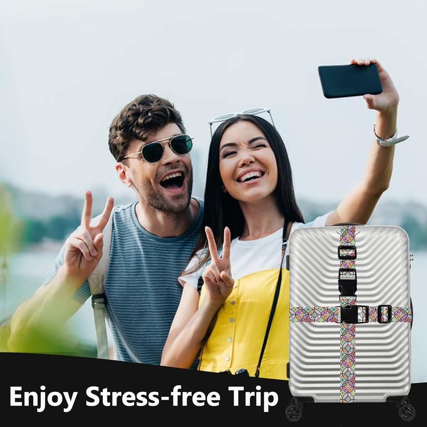 2 Pack Luggage Straps for Suitcases Adjustable Luggage Belt TSA Approved, Bright Colors Travel Packing Straps with Quick Release Buckle Unique Nylon for Sleeping Bag Car Seat, Bohemia