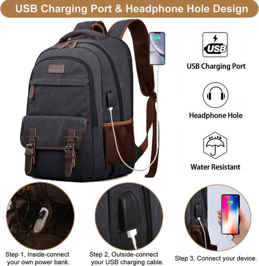 Mactso Canvas Travel Laptop Backpack for Men Women, Business Work Rucksack College Computer Bag Fits 17.3 Inch Notebook,Bookbag with USB Charging Port (Black, 17.3 Inch)