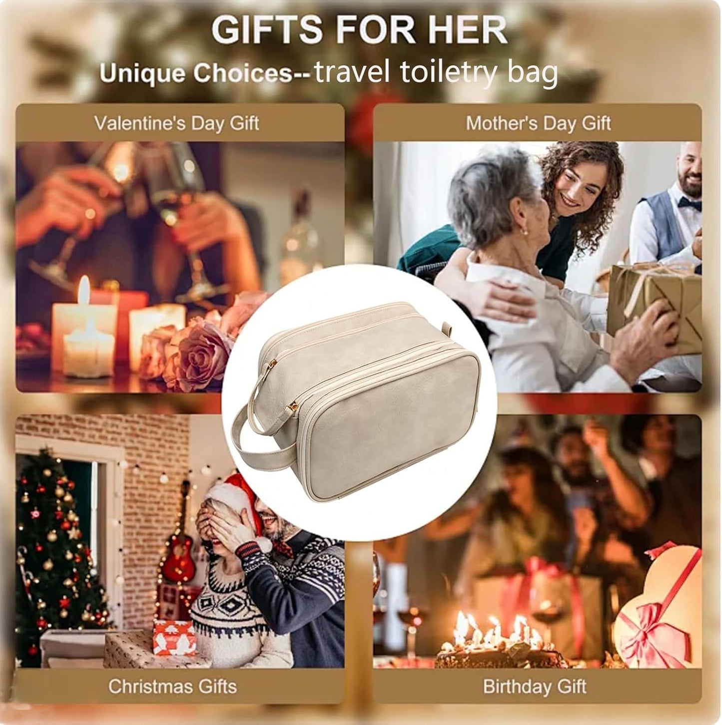 Travel Toiletry Bag for Women PU Triple-layer Double Zipper Toiletry Bags,Toiletries bag Women Waterproof with Handle Stowable Brushes, Toiletries Makeup for Business Trips Camping Bathroom Beige