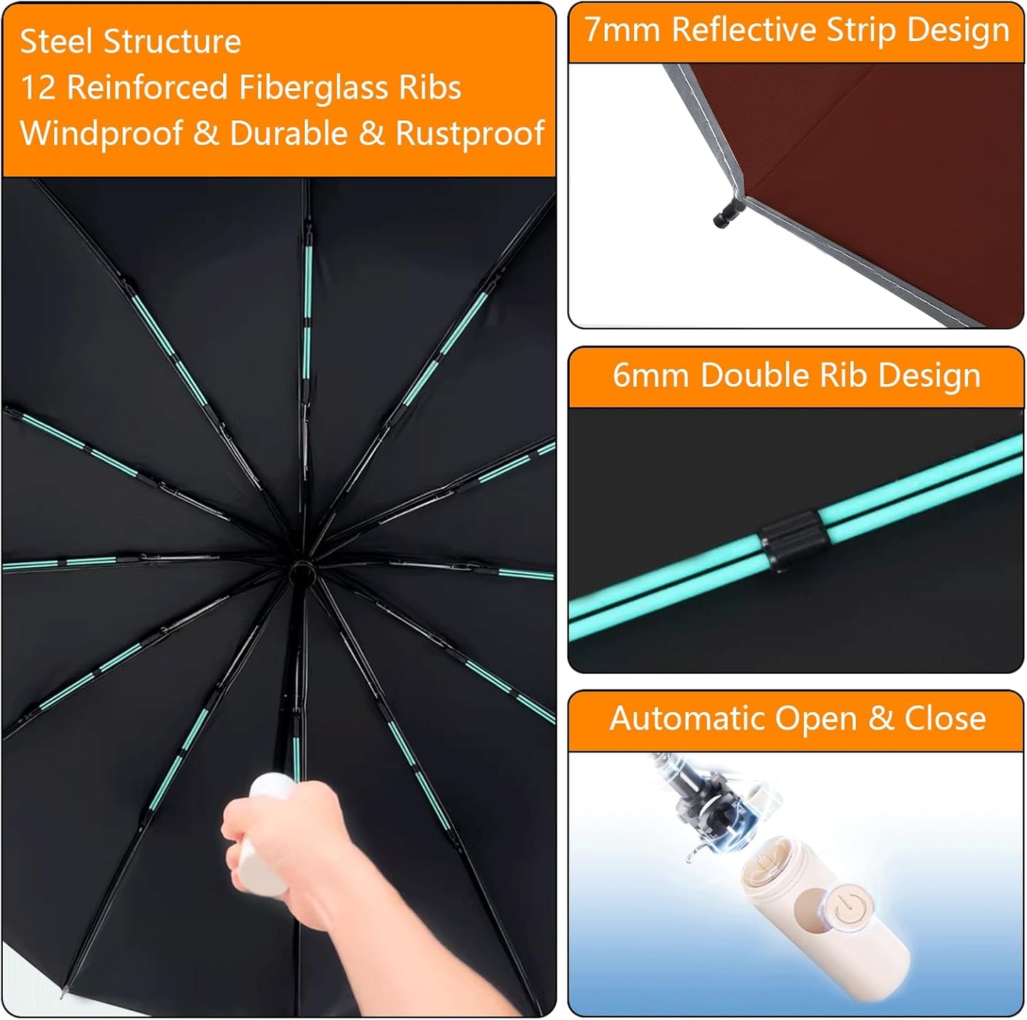 Large Double-Ribs Umbrella Automatic Folding Umbrella for Women Men, Travel, UPF 50+ UV Protection