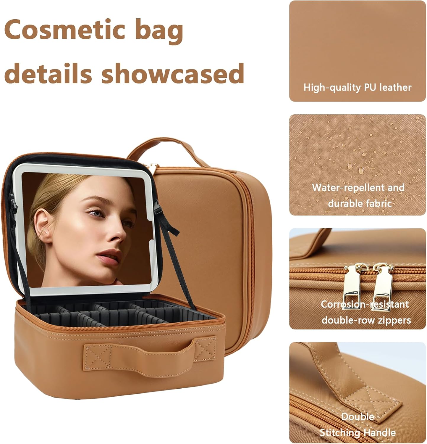Travel Makeup Bag for Women and Makeup Artists Cosmetic Organizer Large Makeup Case,Travel Makeup Bag with Mirror 3 Color Setting,Portable Storage and Adjustable Dividers(brown)
