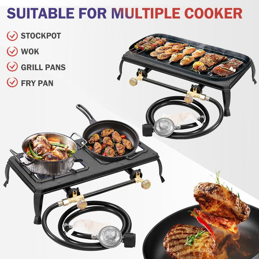 Vivicreate Cast Iron Propane Gas Stove Double Burner Heavy Duty Portable Removable Outdoor Cooker 200LB Support High Heat for Camping BBQ Fogon de Gas Estufa de Gas Portatil Parrillas de Gas