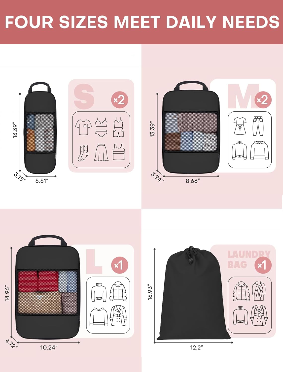 6 PCS Set Compression Packing Cubes for Travel, Lightweight Packing Organizer Bags Travel Essentials for Carry On, Suitcase, Home Closet - Black