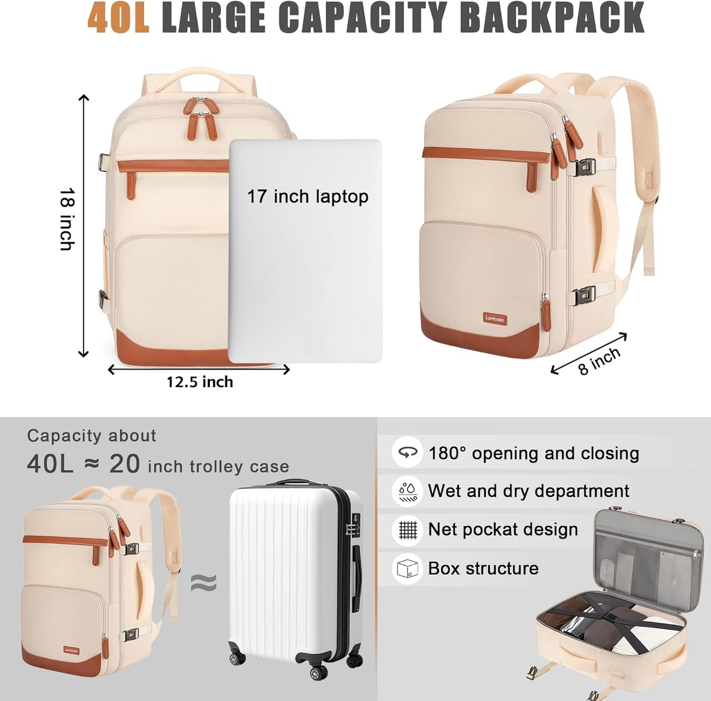 40L Travel Backpack with USB Charging Port, Water-Resistant Carry On Backpack for Men Women, Business Laptop Backpack for Trips & Commutes, Fits 15.6/17.3 Inch Laptop