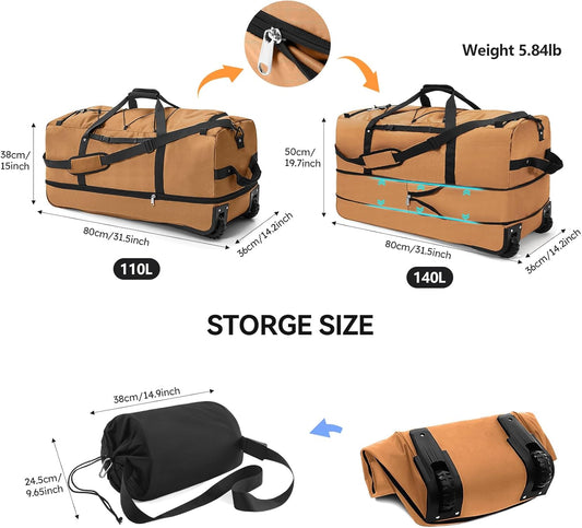 110L/140L Expandable Soft-Sided Foldable Duffle Bag with 2 Rubber Wheels,Packable 32” Rolling Carry-On with Multi-Pockets & Compartments,Coffee