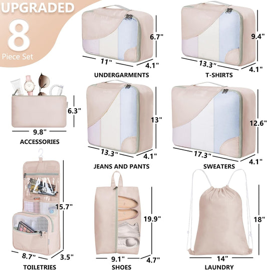 10 Set/8 Set Packing Cubes for Travel, Gifts for Women Mom,Anti-Tearing Suitcase Organizer for Luggage with Shoe & Hanging Toiletry Bag,OlarHike Vacation Essentials & Accessories for Cruise Ship,Cream