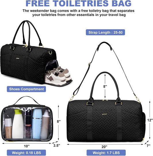 Women Duffle Weekender Travel Bag: Large Duffel Bags with Shoe Compartment Carry On Overnight Tote Bag with Wet Pocket Toiletry Bag Traveling Weekend Gym Yoga Hospital Bags for Labor & Delivery Black