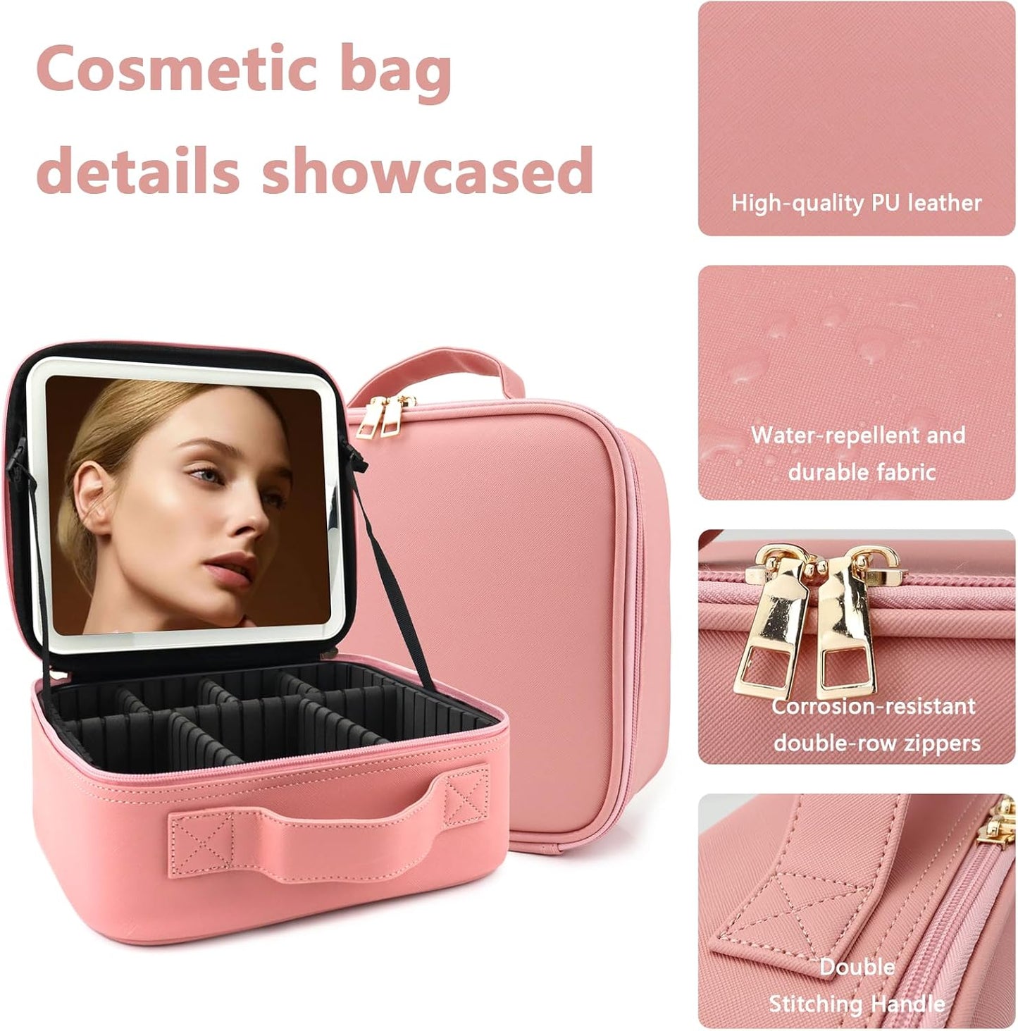 Travel Makeup Bag for Makeup Artists Large Makeup Case,with Mirror 3 Color Setting and Jewelry box Travel Makeup Bag,Portable Storage and Adjustable Dividers(pink)