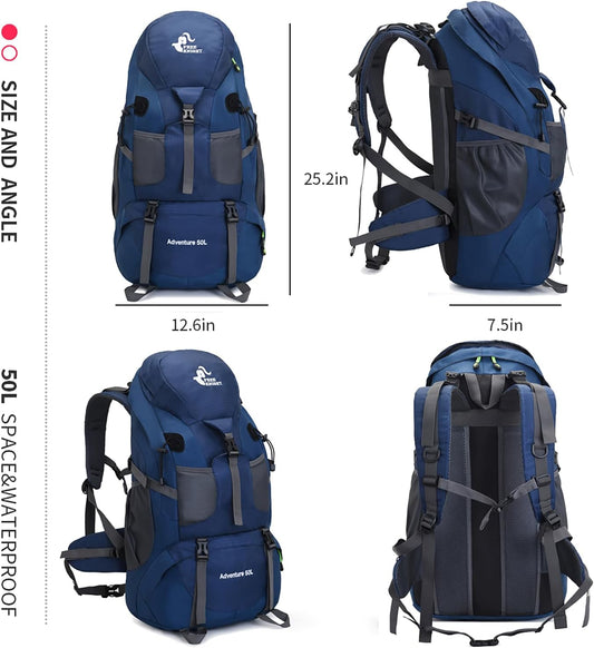 Bseash 50L Hiking Backpack, Water Resistant Lightweight Outdoor Sport Daypack Travel Bag for Camping Climbing Skiing Cycling (Navy Blue - With Shoe Compartment)