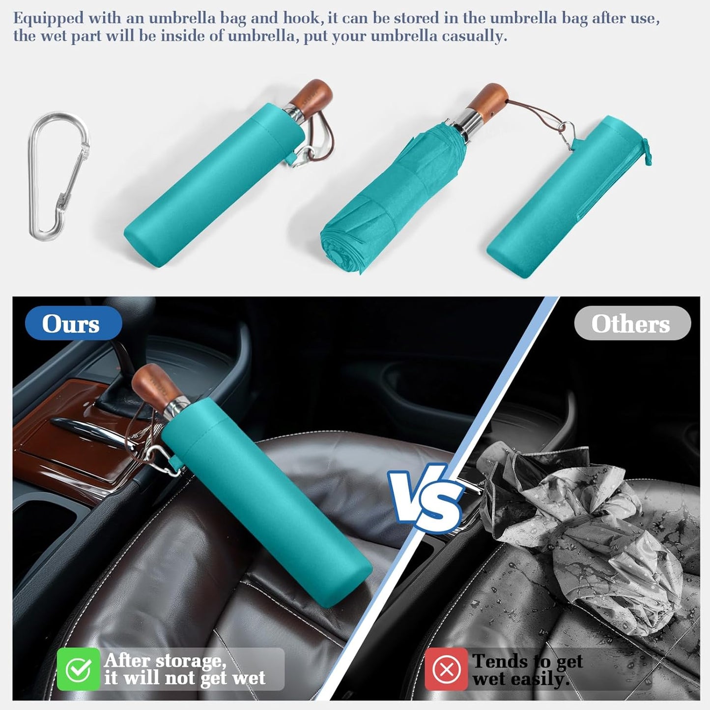 3T Wind Armor Travel Umbrella Compact Easy Auto Open Close Folding Umbrellas for Rain Windproof Umbrella for Women and Men Durable Real Wood Handle Portable Fits Backpack Car