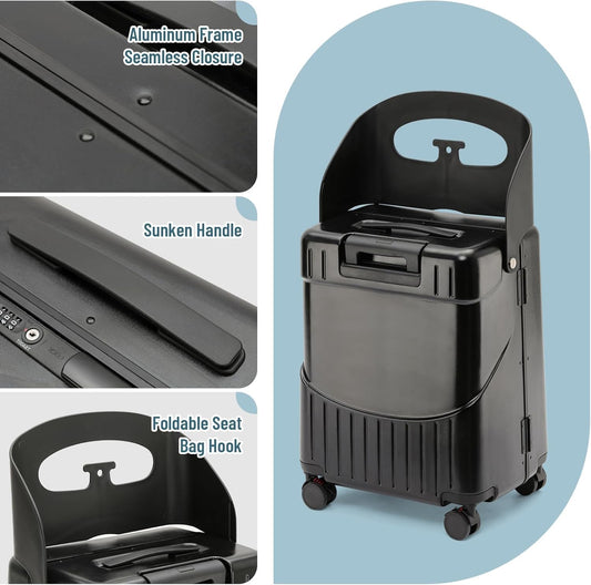 Hardside 22'' Luggage with Seat for Kids & Adults, 360° Lockable Spinner Wheels Travel Suitcase with TSA Approved Lock and Seat Belts(Black, 22-Inch)