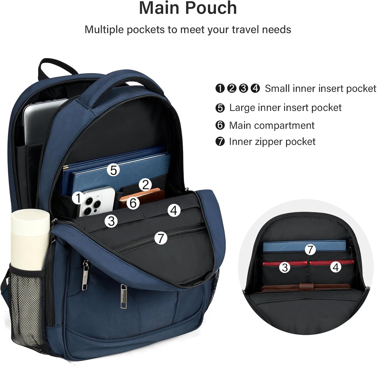 MILADA Travel Backpack For Men Laptop Backpack Women Business Carry On Backpack Airline Approved Fits 16.5 Inch Laptop Bag Work Backpack, Blue