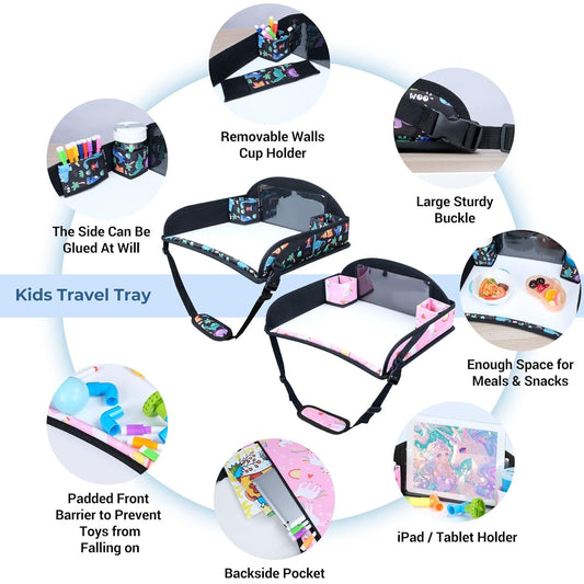 COOLBEBE Kids Travel Tray for Toddler Car Seat, 2PCS Travel Tray for Airplane, Toddler Car Seat Lap Tray, Carseat Table Tray for Kids Travel Activities(Dinosaur & Pink Unicorn)