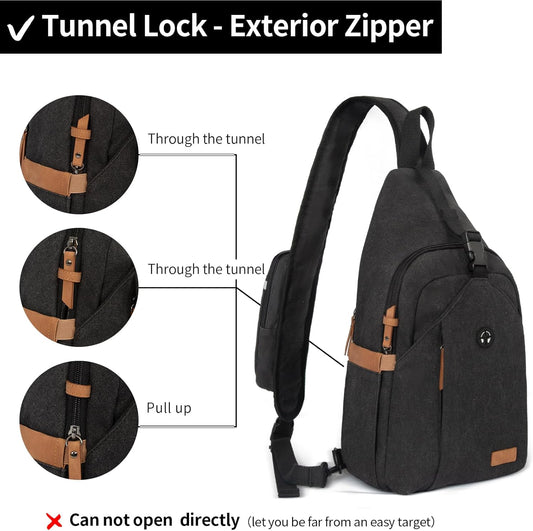 Sling Bag for Men, Crossbody Bag Men Anti Theft Crossbody Bag with Tunnel Lock Zipper Canvas Sling Backpack Travel