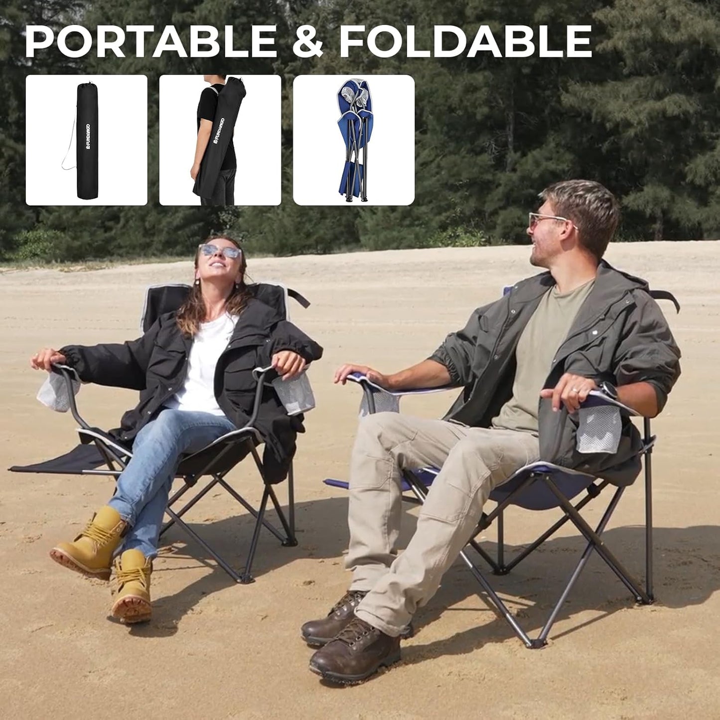 FUNDANGO Folding Camping Chair with Table, 2 Pack Portable Heavy Duty Outdoor Padded Chairs for Adults with Cup Holders for Lawn Beach Picnic Outside Travel (Blue)