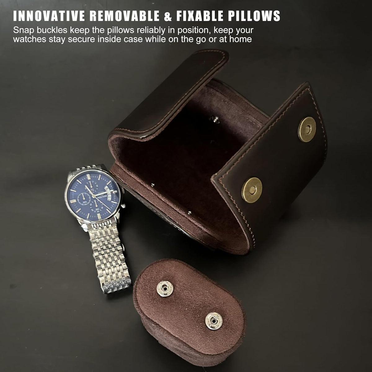 Longjet Watch Roll Travel Case for Men Portable Watches Organizer Box with Removable Velvet Pillow Holder (1 Slot Chocolate Brown/Genuine Leather)