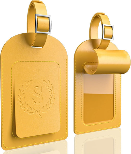 FESAS 3 Pack A-Z Alphabet Luggage Tags - Faux Leather Suitcase Tags with Privacy Cover & Replaceable Card - Initial Letter Monogram for Bags (Yellow)