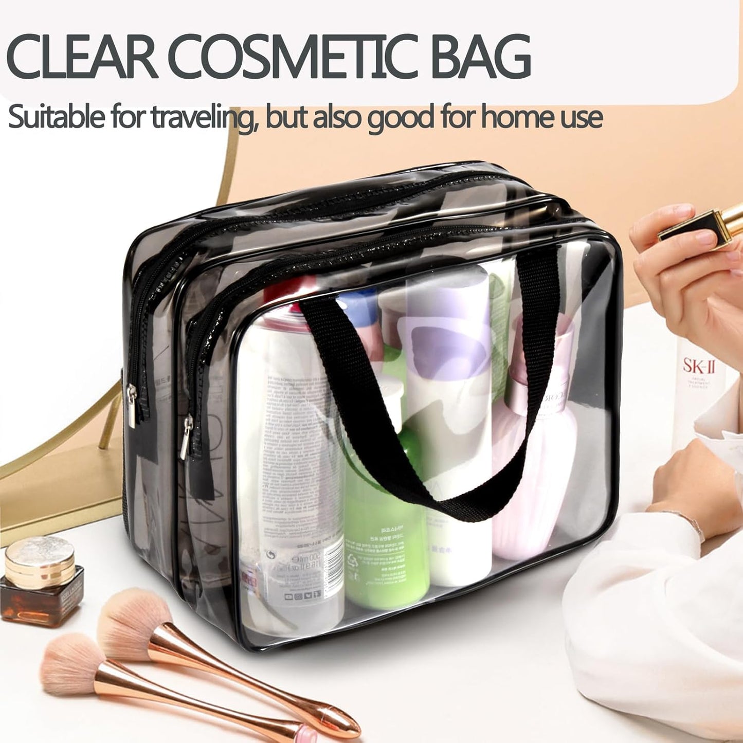 2Pcs Crystal Clear PVC Travel Toiletry Bag Kit for Women Men, Waterproof Vinyl Organizer Clear Makeup Bags with Zipper, Cosmetic Bag Pouch Carry on Airport Airline Compliant Bag Handbag (Double Layer)