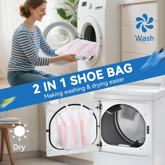 2-in-1 Shoe Dry Bag for Sneaker Dry & Wash, Dual-zone Mesh Sneaker Dryer Bag with Elastic Straps, Door Shoe Laundry Bag for Washer & Dryer, Shoes Cleaning Thickened Mesh Bag for Home Travel Essentials