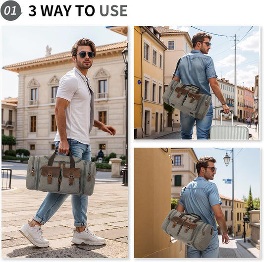 Canvas Duffle Bag with Genuine Leather Accents, Expandable 20-23 Inch Travel Weekender, Multiple Pockets, Gray