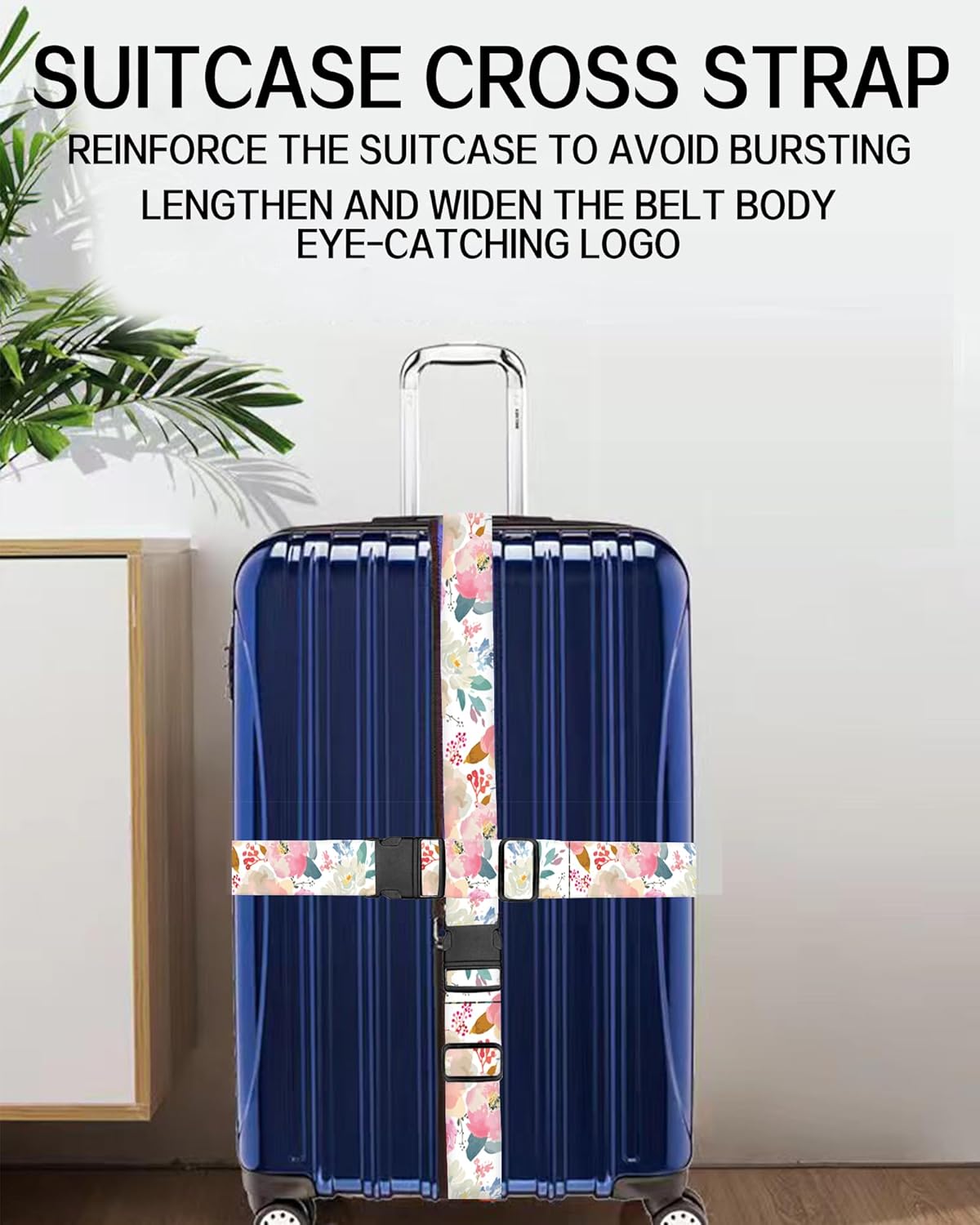 Luggage Straps for Suitcases, Adjustable Travel Belt, Durable Wide Luggage Strap, Cute Suitcase Strap Identifiers with Buckle, Bag Straps for Luggage, Cute Pink Flowers