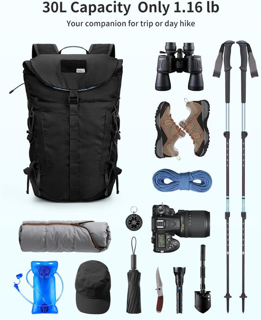 Blue Quartz Hiking Backpack 30L Lightweight Packable Backpack for Travel, Water Resistant Foldable Daypack for Women Men, Black