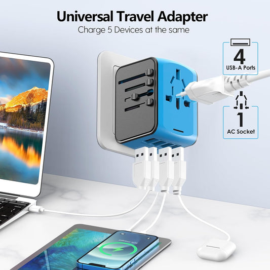International Travel Adapter Universal Power Adapter Worldwide All in One 4 USB-A Ports Perfect for European US, EU, UK, AU 200+ Countries (Blue)