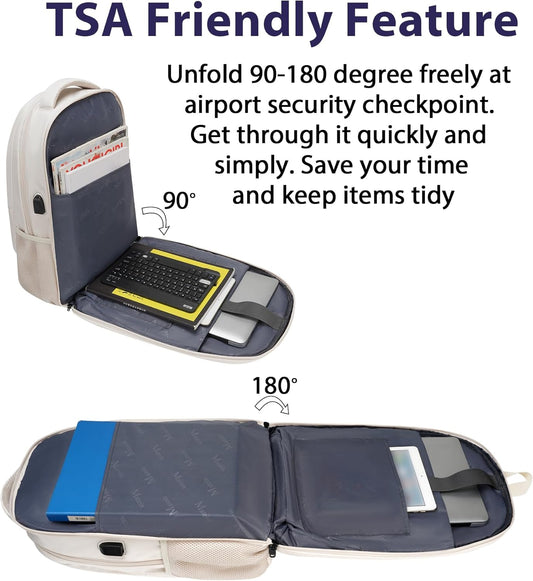 MATEIN Extra Large Travel Backpack for Women, 18 Inch TSA College Backpack with Multiple Pockets and USB Charging Port, 50 L Business Work Carry On Computer Bags, Cream Beige