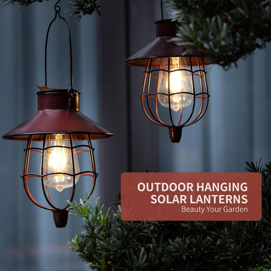 2 Pack Solar Lanterns Outdoor Waterproof Hanging Solar Lights with Vintage Metal Warm White Light Edison Bulb Design, Decorate for Garden Yard Porch and Christmas (Red)
