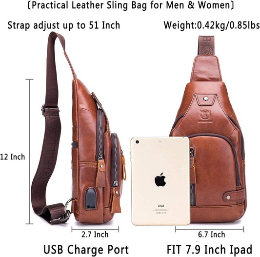 BULLCAPTAIN Leather Sling Bag Mens Chest Bag Casual Shoulder Crossbody Bags Travel Hiking Backpacks Daypack with USB Charging Port (Brown)