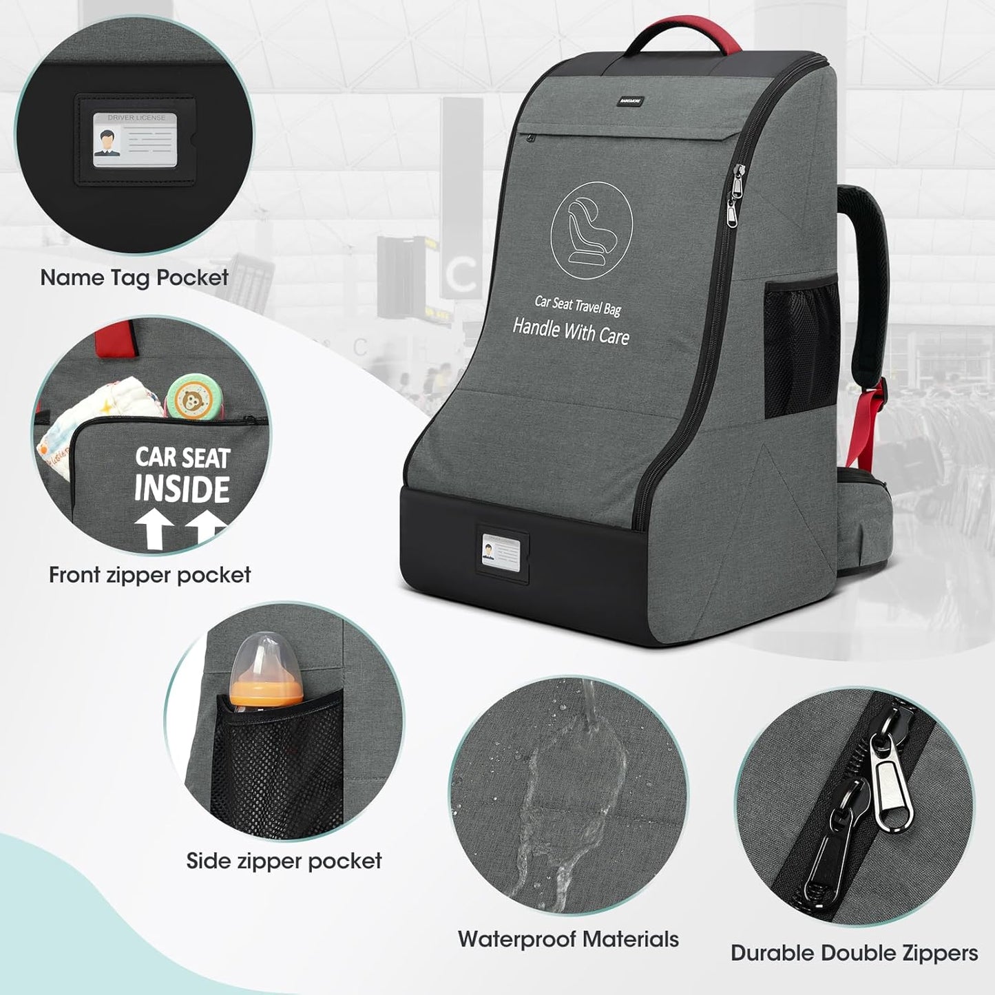 RAINSMORE Padded Car Seat Travel Bag for Airplane Heavy Duty Car Seat Backpack for Air Travel Baby Carseat Cover Bags for Airport Large Car Seats Carrier Fits Car Seats & Booster Seats,Gray