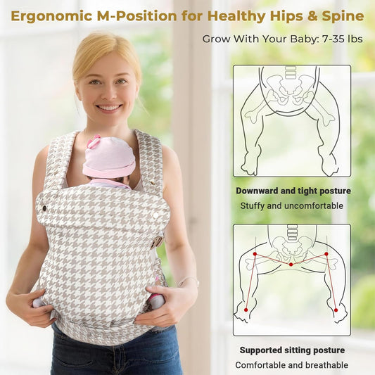 CycleMore Ergonomic Baby Carrier Newborn to Toddler - Lightweight & Breathable Infant Carrier with 3 Carry Positions, Hip-Healthy M-Shape Seat for 7-35 lbs (Houndstooth)