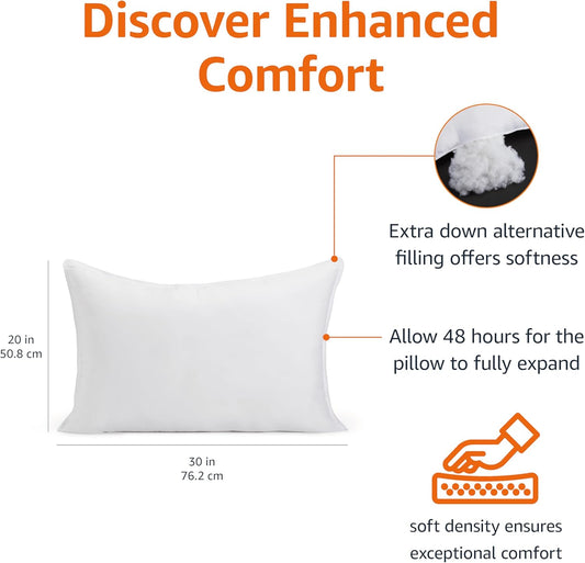 Amazon Basics Down Alternative Pillows, Soft Density for Stomach and Back Sleepers, Queen - Pack of 2, White, 30 in L x 20 in W