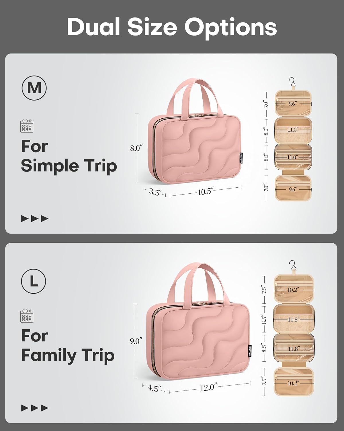 HOTOR Hanging Toiletry Bag - Spacious Travel Toiletry Bag for Women & Men, Multi-Pocket Makeup Organizer, Travel & Cruise Essentials for Business Trip, Gym, Dark Pink, 11.0" x 8.7" x 3.9"