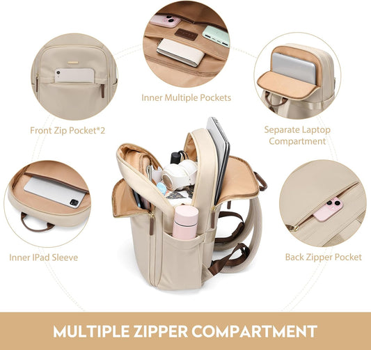 Hiking Travel Backpack for Women Casual Business Weekender Multilayer Laptop Bag,16 Inch,Apricot