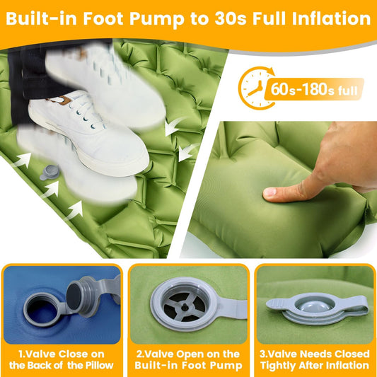 Double Sleeping Pad, Ultralight 4in Extra-Thick for 2 Person with Built-in Pillow & Foot Pump Sleep Mat, Compact Inflatable Camping Mat for Backpacking Hiking Travel Tent Camp Gear Gifts