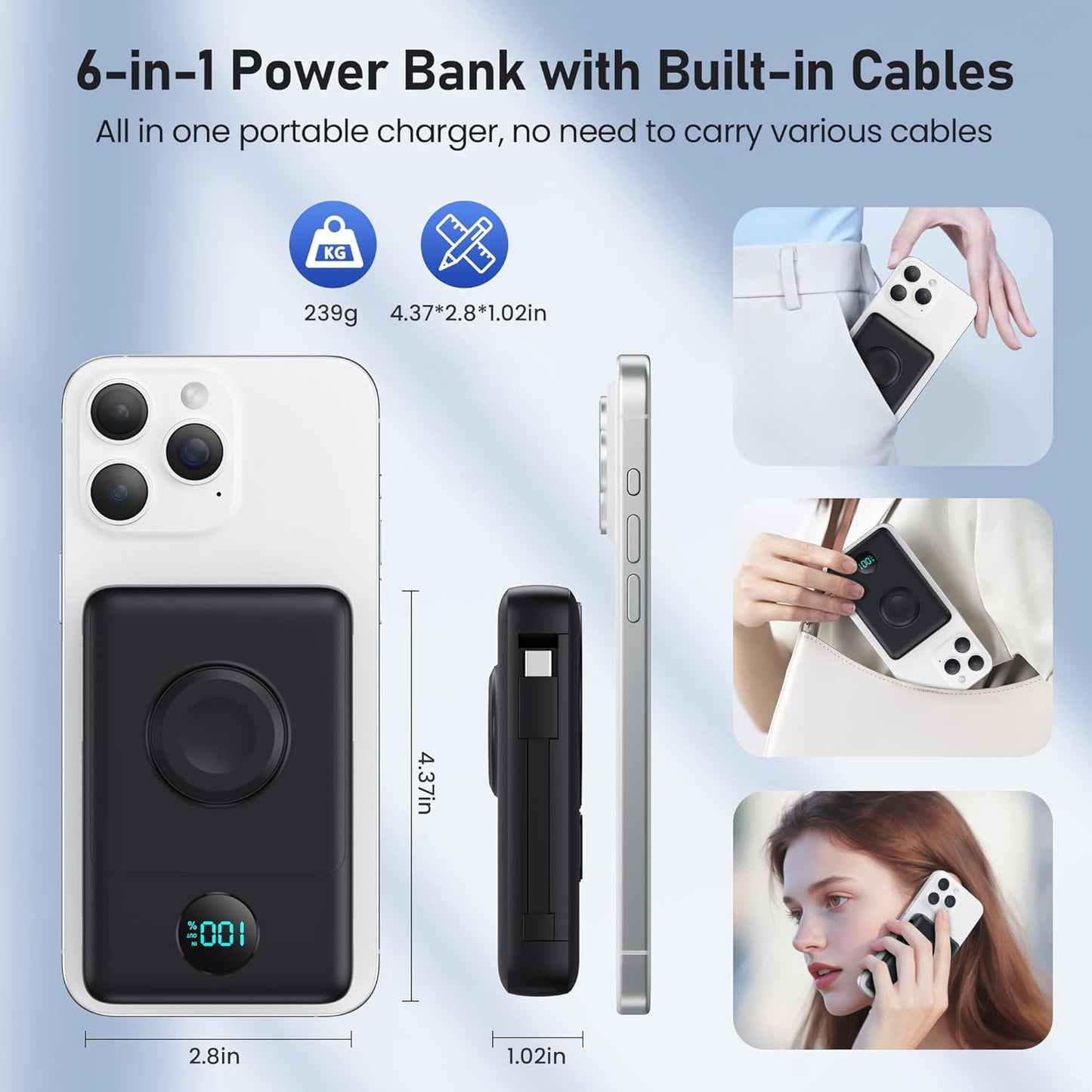Magnetic Portable Charger for iPhone with Built-in Cables, 6-in-1 10800mAh Power Bank with iWatch Charger & LCD Display,25W PD Fast Charging Battery Pack for Magsafe,iPhone 16/15/14/13/12,Apple Watch