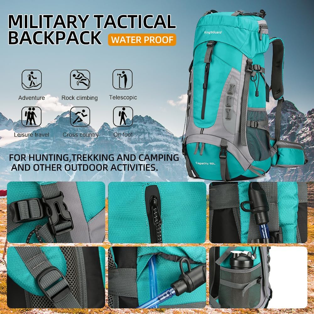 King'sGuard 60L Hiking Backpack Large Waterproof Camping Backpack for Men and Women Lightweight Frameless Backpacking Backpack with Rain Cover (Lake Blue)