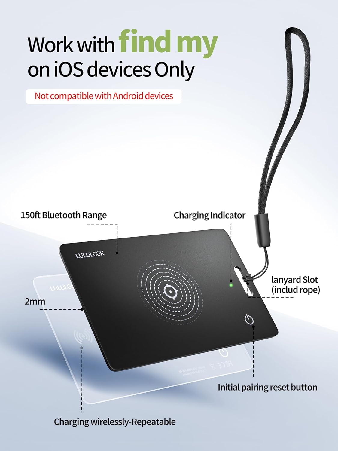 LULULOOK Wallet Tracker Card, Ultra Slim Airtag Wallet Works with Apple Find My (iOS Only), Wireless Rechargeable GPS Smartcard Tracker for Luggage, Tags, Passport, Purse, IP68 Waterproof, 3Pack