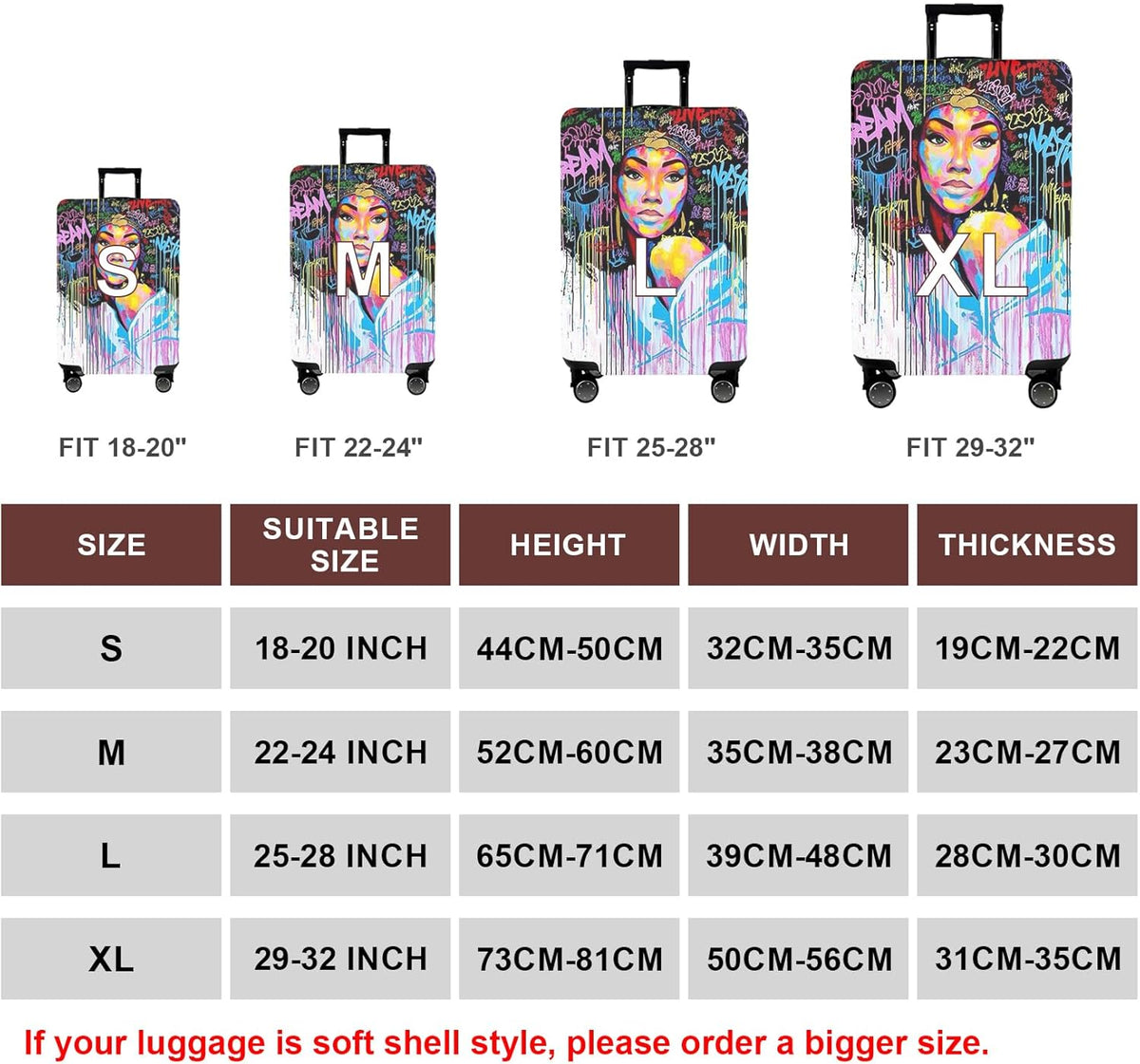 WUJIAONIAO Travel Luggage Cover Baggage Suitcase Cover Protector Skins 18-32 Inch (Graffiti A8, S (for 18-20 inch luggage))